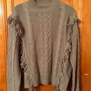 Mystree Army Green Cable Knit Fringe Mock Neck Sweater